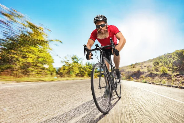 Bearded Cyclist Helmet Riding Bicycle Open Road — Stock Photo, Image