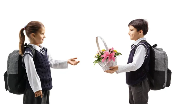 白い背景に孤立した女子高生に花のバスケットを与える男の子 — ストック写真