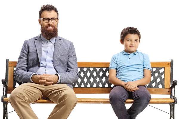 Bearded Man Smiling Sitting Bench Next Boy Isolated White Background — Stock Photo, Image