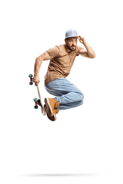 Tiro Comprimento Total Patinador Realizando Salto Com Skate Isolado Fundo — Fotografia de Stock
