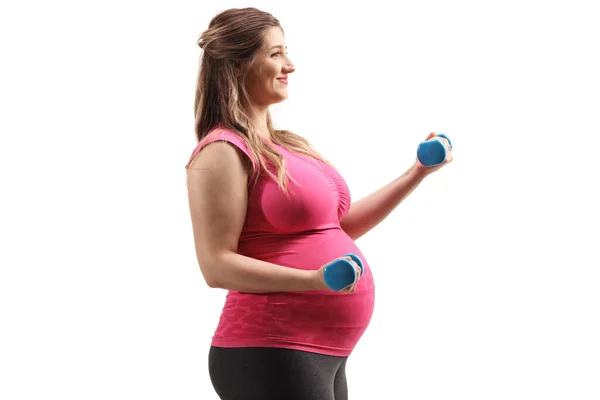 Lycklig Gravid Kvinna Rosa Övning Med Hantlar Isolerade Vit Bakgrund — Stockfoto