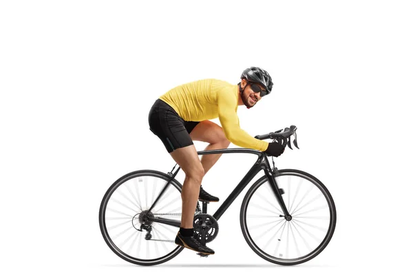 Full Length Shot Ενός Επαγγελματία Ποδηλάτη Κράνος Ιππασίας Ένα Ποδήλατο — Φωτογραφία Αρχείου