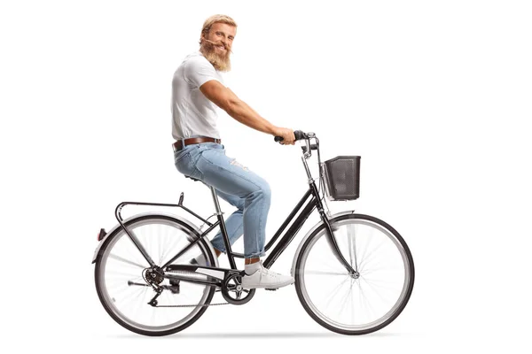 Tipo Barbudo Con Bigotes Montando Una Bicicleta Sonriendo Cámara Aislada — Foto de Stock