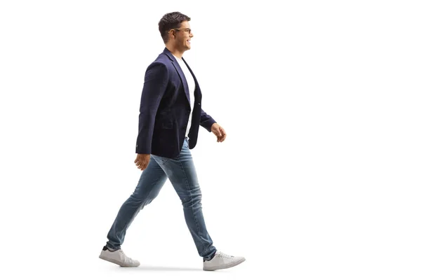 Full Length Profile Shot Smiling Young Man Jeans Suit Walking — Stock Photo, Image