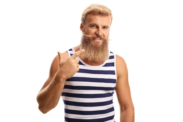 Vrolijke Blonde Man Wijzend Naar Zijn Baard Snorren Geïsoleerd Een — Stockfoto