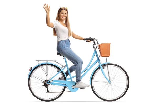 Jong Wijfje Met Lang Haar Rijden Een Fiets Zwaaien Geïsoleerd — Stockfoto