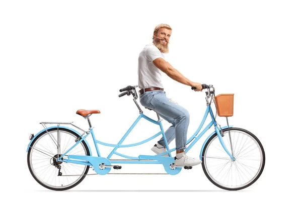 Young Man Blond Beard Moustachers Riding Tandem Bicycle Isolated White — Stock Photo, Image