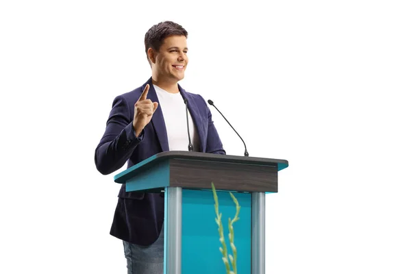 Homem Alto Falante Com Microfone Mãos Livres Gesto Pedestal Com — Fotografia de Stock