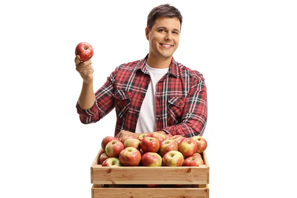 Joven Posando Con Una Caja Madera Llena Manzanas Orgánicas Frescas —  Fotos de Stock