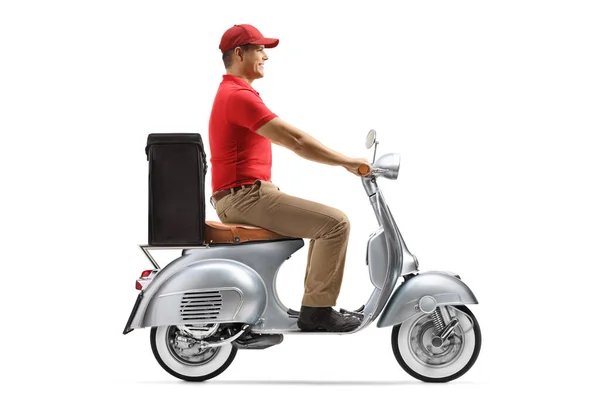 Full Length Profile Shot Man Delivering Takeaway Food Scooter Isolated — Stock Photo, Image