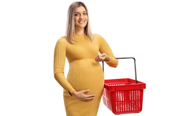 Foto Completa Una Mujer Embarazada Feliz Sosteniendo Una Cesta Compra — Foto de Stock