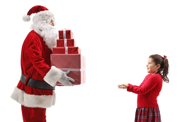 Santa Dando Regalos Una Niña Feliz Aislada Sobre Fondo Blanco — Foto de Stock