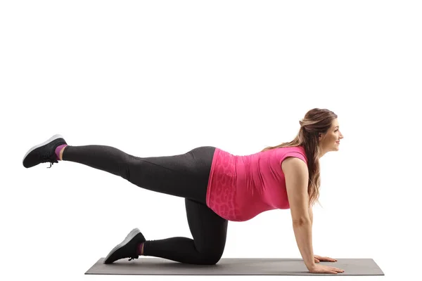 Pregnant Woman Kneeling Exercising Mat Isolated White Background — Stock Photo, Image