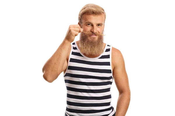 Tipo Barbudo Sosteniendo Sus Bigotes Sonriendo Aislado Sobre Fondo Blanco —  Fotos de Stock