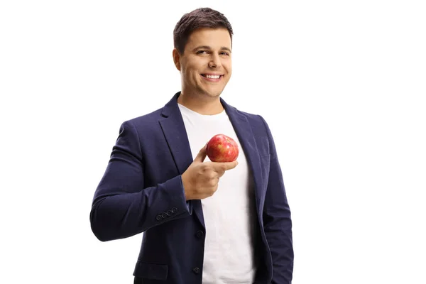 Joven Sonriente Sosteniendo Una Manzana Roja Aislada Sobre Fondo Blanco —  Fotos de Stock