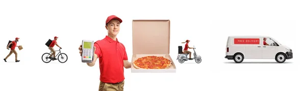 Kredi Kartı Terminali Olan Pizzacı Çocuk Arkada Beyaz Arka Planda — Stok fotoğraf