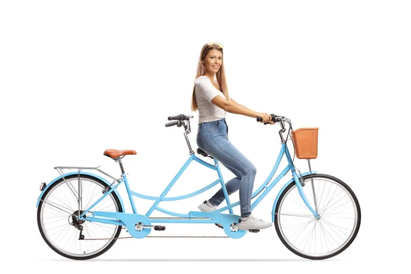Smiling Young Woman Casual Clothes Riding Tandem Bicycle Isolated White — Stock Photo, Image