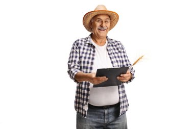 Man holding wheat stalks and a clipboard isolated on white background