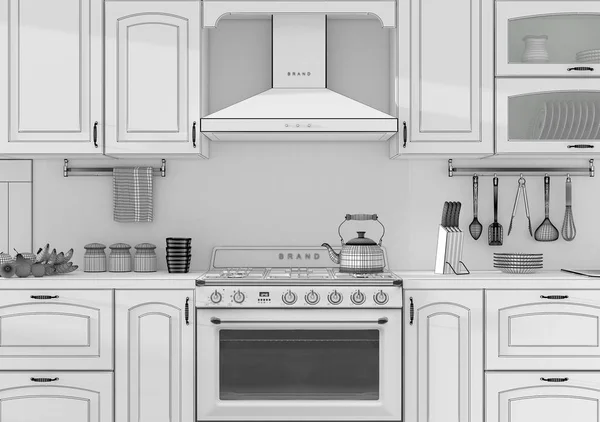 キッチン内部グリッド3Dレンダリング — ストック写真