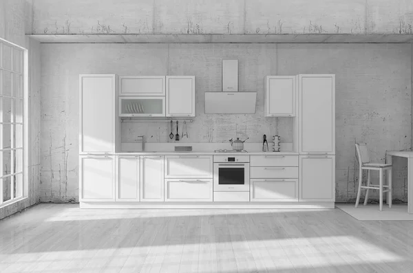 キッチン内部グリッド3Dレンダリング — ストック写真