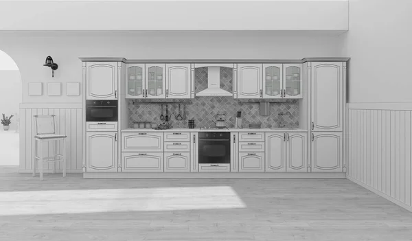 Cozinha Grade Interior Renderização — Fotografia de Stock