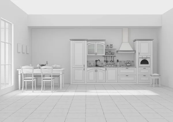 厨房内部网格3D渲染 — 图库照片