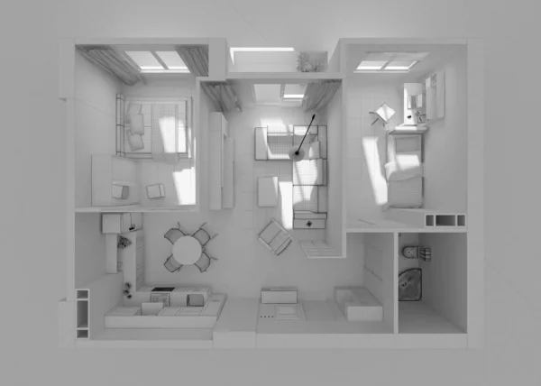白色背景的公寓内部俯瞰 网格3D渲染 — 图库照片