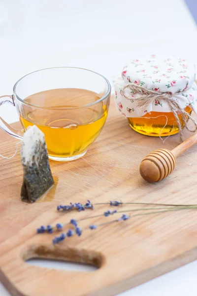 Cup Tea Lavender Jar Honey Stand Wooden Board Bright Hues — Stock Photo, Image