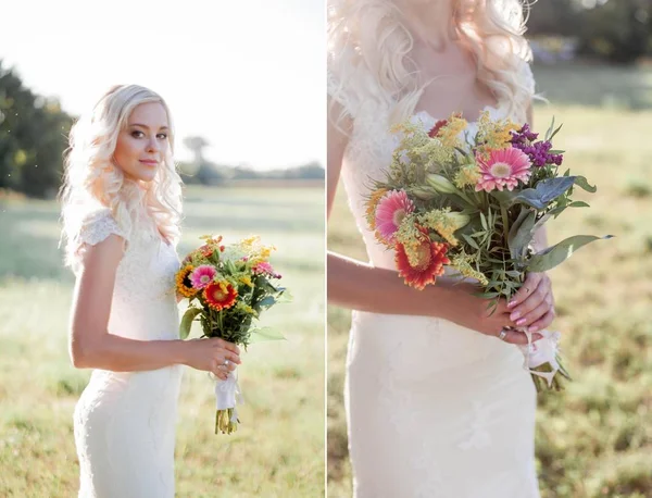 コラージュ 太陽の下で美しい若い花嫁 結婚式の花束を持つ少女の肖像画 結婚式の詳細 — ストック写真