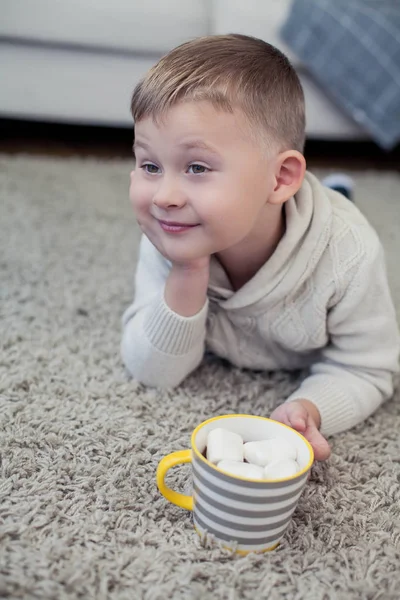 Bir rahat sonbahar portre tatlı bir çocuk. 4 yaşında küçük bir çocuk bir halı üzerinde oturur ve kakao içiyor. Sonbahar.