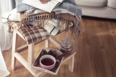 İskoç şalılar. Bir fincan çay. Sonbahar rahat iç. Bir tahta sandalyede bir yığın sıcak battaniye var. Mumlar, yaprakları, koniler, sepet, tarçın. Kitap ve gözlük. Sonbahar.