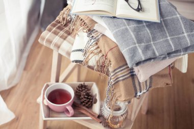 İskoç şalılar. Bir fincan çay. Sonbahar rahat iç. Bir tahta sandalyede bir yığın sıcak battaniye var. Mumlar, yaprakları, koniler, sepet, tarçın. Kitap ve gözlük. Sonbahar. Kış.