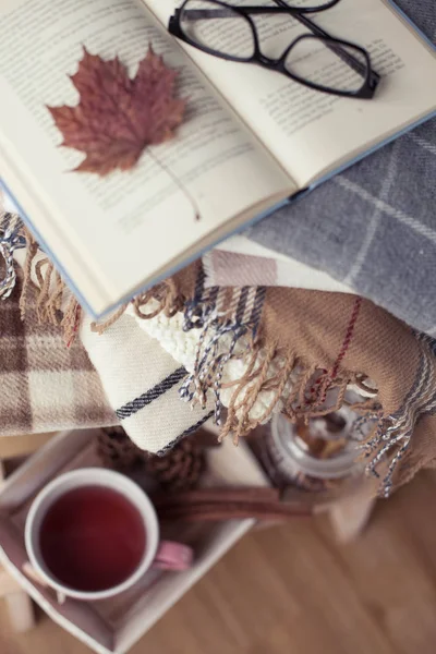 Plaids Cup Hot Tea Autumn Cozy Interior Wooden Chair Stack — Stock Photo, Image