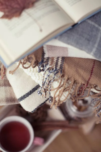 Plaids Cup Hot Tea Autumn Cozy Interior Wooden Chair Stack — Stock Photo, Image