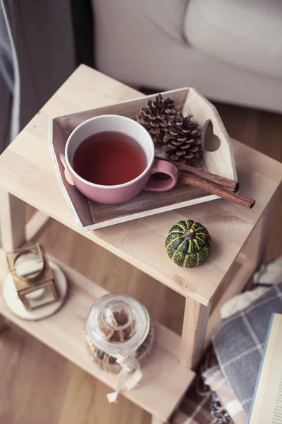 Plaids Cup Hot Tea Autumn Decor Book Pumpkin Wooden Chair — Stock Photo, Image