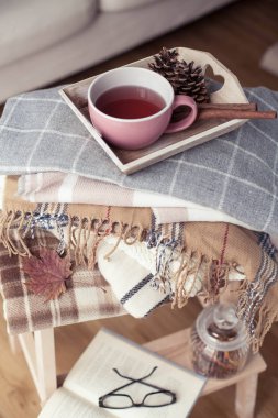 İskoç şalılar. Bir fincan çay. Sonbahar rahat iç. Bir tahta sandalyede bir yığın sıcak battaniye var. Mumlar, yaprakları, koniler, sepet, tarçın. Kitap ve gözlük. Sonbahar.