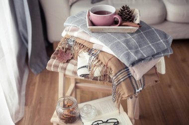 İskoç şalılar. Bir fincan çay. Sonbahar rahat iç. Bir tahta sandalyede bir yığın sıcak battaniye var. Mumlar, yaprakları, koniler, sepet, tarçın. Kitap ve gözlük. Sonbahar.