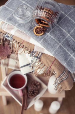 İskoç şalılar. Bir fincan çay. Sonbahar rahat iç. Bir tahta sandalyede bir yığın sıcak battaniye var. Mumlar, yaprakları, koniler, sepet, tarçın. Kitap ve gözlük. Sonbahar.