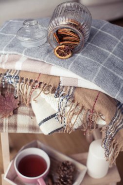 İskoç şalılar. Bir fincan çay. Sonbahar rahat iç. Bir tahta sandalyede bir yığın sıcak battaniye var. Mumlar, yaprakları, koniler, sepet, tarçın. Kitap ve gözlük. Sonbahar.