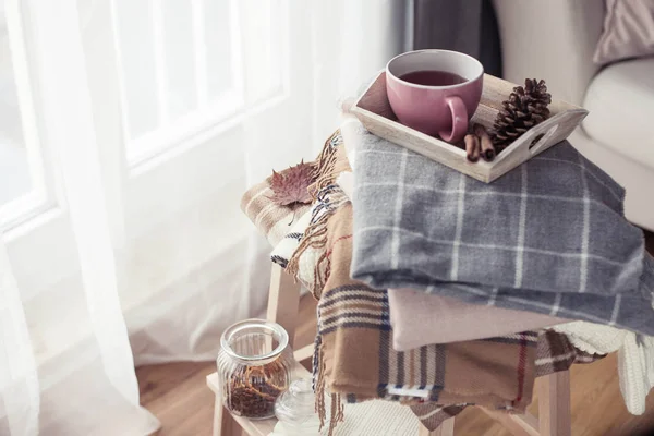 Plaids Cup Hot Tea Autumn Cozy Interior Wooden Chair Stack — Stock Photo, Image