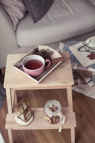 Plaids Cup Hot Tea Autumn Cozy Interior Wooden Chair Stack — Stock Photo, Image