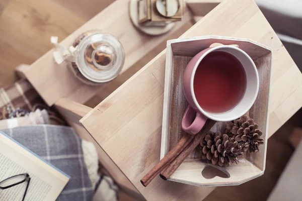 Plaids Cup Hot Tea Autumn Cozy Interior Wooden Chair Stack — Stock Photo, Image