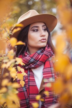 Güzel, Genç bir Türk kadın sarı ağaçlarda portresi. Sıcak sonbahar. Mutlu esmer sonbahar parkta yürüyor. Şapkalı kız. Moda. Sarı yapraklar.