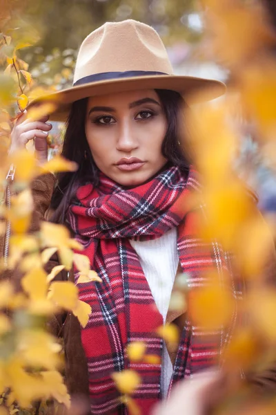 Portrait of a beautiful, young Turkish woman in yellow trees. Warm autumn. Happy brunette walks in the autumn park. The girl in the hat. Fashion. Yellow leaves.