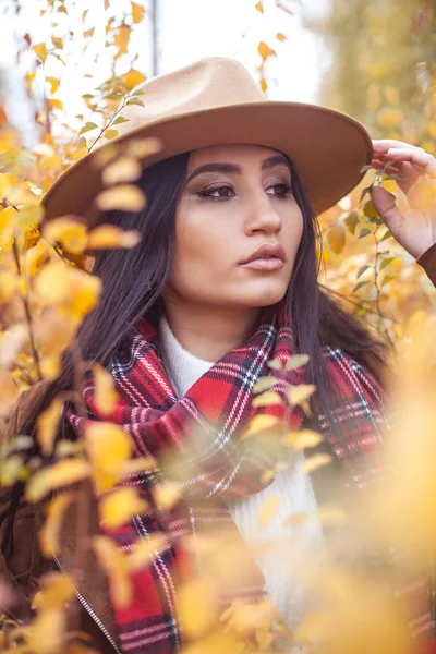 Portret Van Een Mooie Jonge Turkse Vrouw Gele Bomen Warme — Stockfoto
