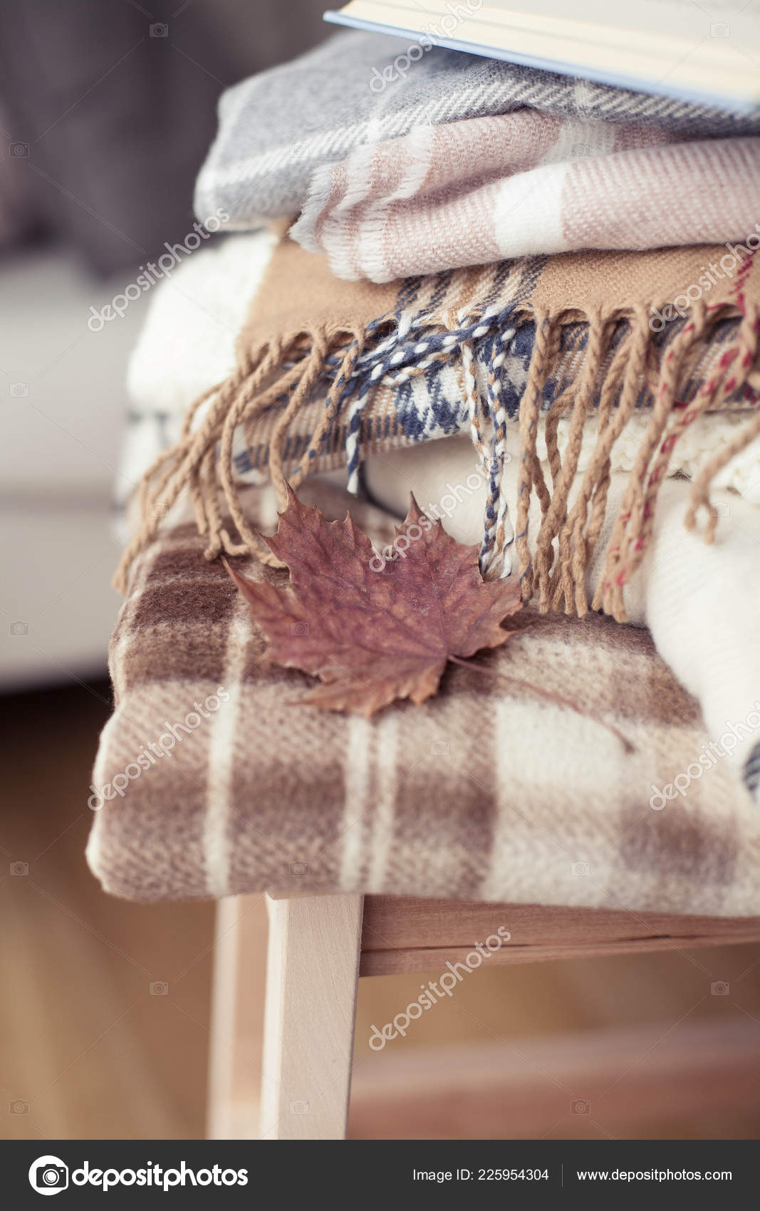 Blankets Close Up Autumn Cozy Interior A Stack Of Warm Blankets Lie On A Wooden Chair Autumn Winter Stock Photo