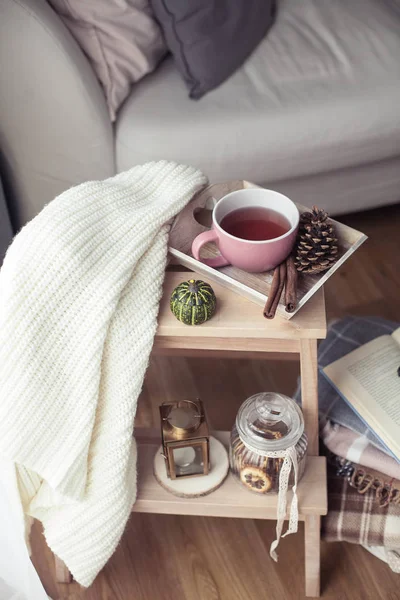Knitted Warm Sweaters Cup Hot Tea Autumn Decor Book Pumpkin — Stock Photo, Image