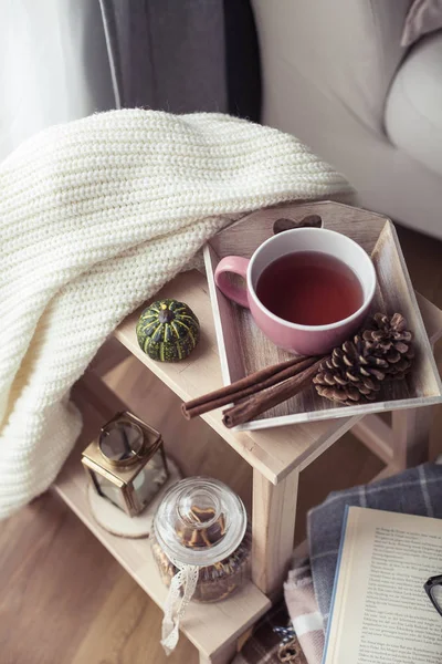 Knitted Warm Sweaters Cup Hot Tea Autumn Decor Book Pumpkin — Stock Photo, Image