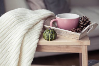 Örgü, kazak, bir fincan sıcak çay, Sonbahar dekorasyonu, bir kitap, bir kabak ahşap sandalye üzerinde sıcak. Rahat, Sonbahar dekorasyonu. Sonbahar iç, kanepe. Sonbahar. Kış.