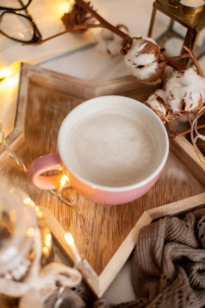 Mug Hot Cappuccino Wooden Tray Bed Cozy Decor Breakfast Mug — Stock Photo, Image